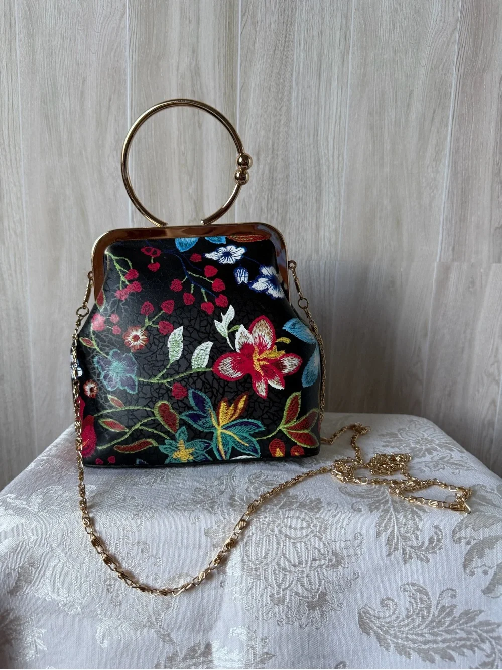 Black Floral Ring-Handle Evening Bag